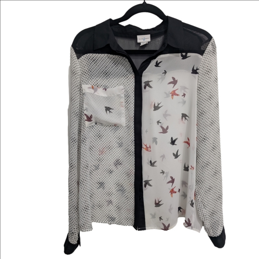 Jaclyn Smith Polkadot Sheer Bird Print Button-Up Blouse